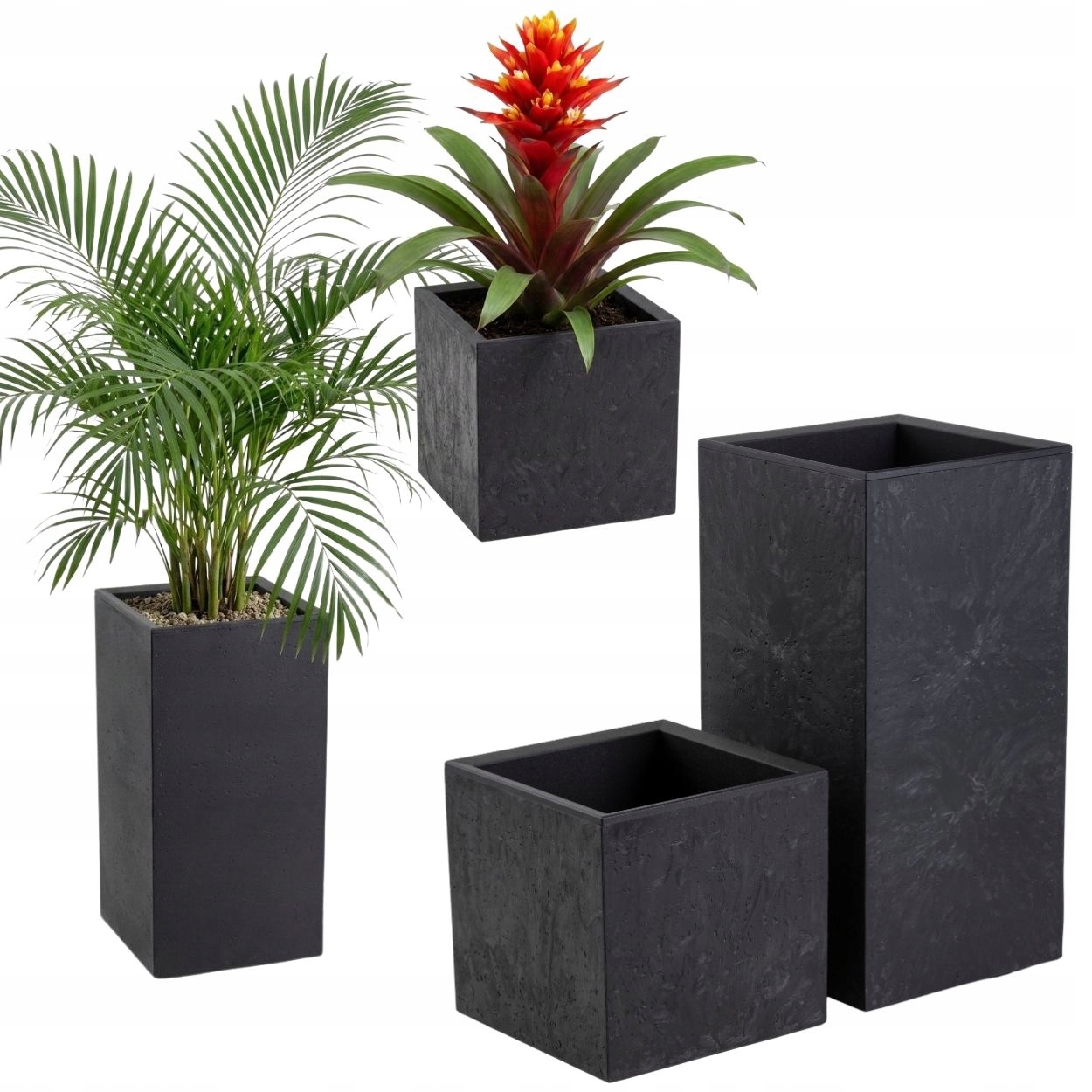 Set Kvetináčov Na Kolieskach imitácia čierny betón Slim štvorcový loft stĺpik