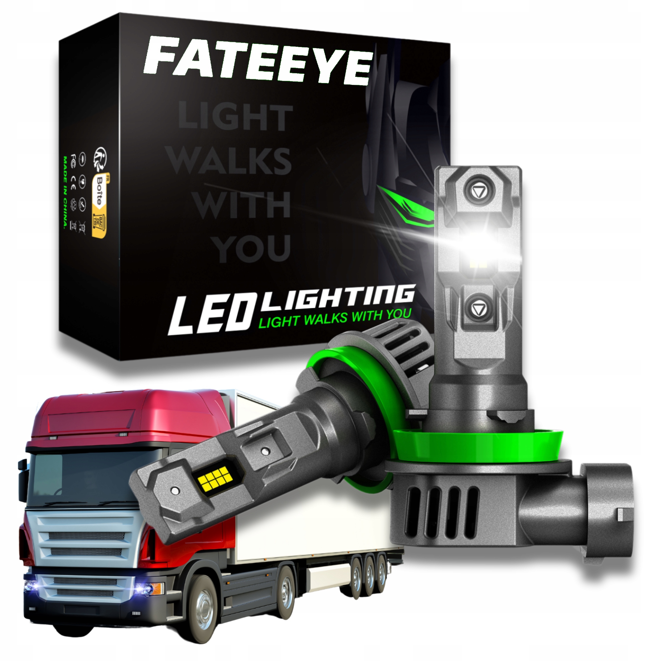 Led Žárovky H11 24V Tir Nákladní Automobil Fateeye 1:1 Bez Adaptérů Bílé 6500K