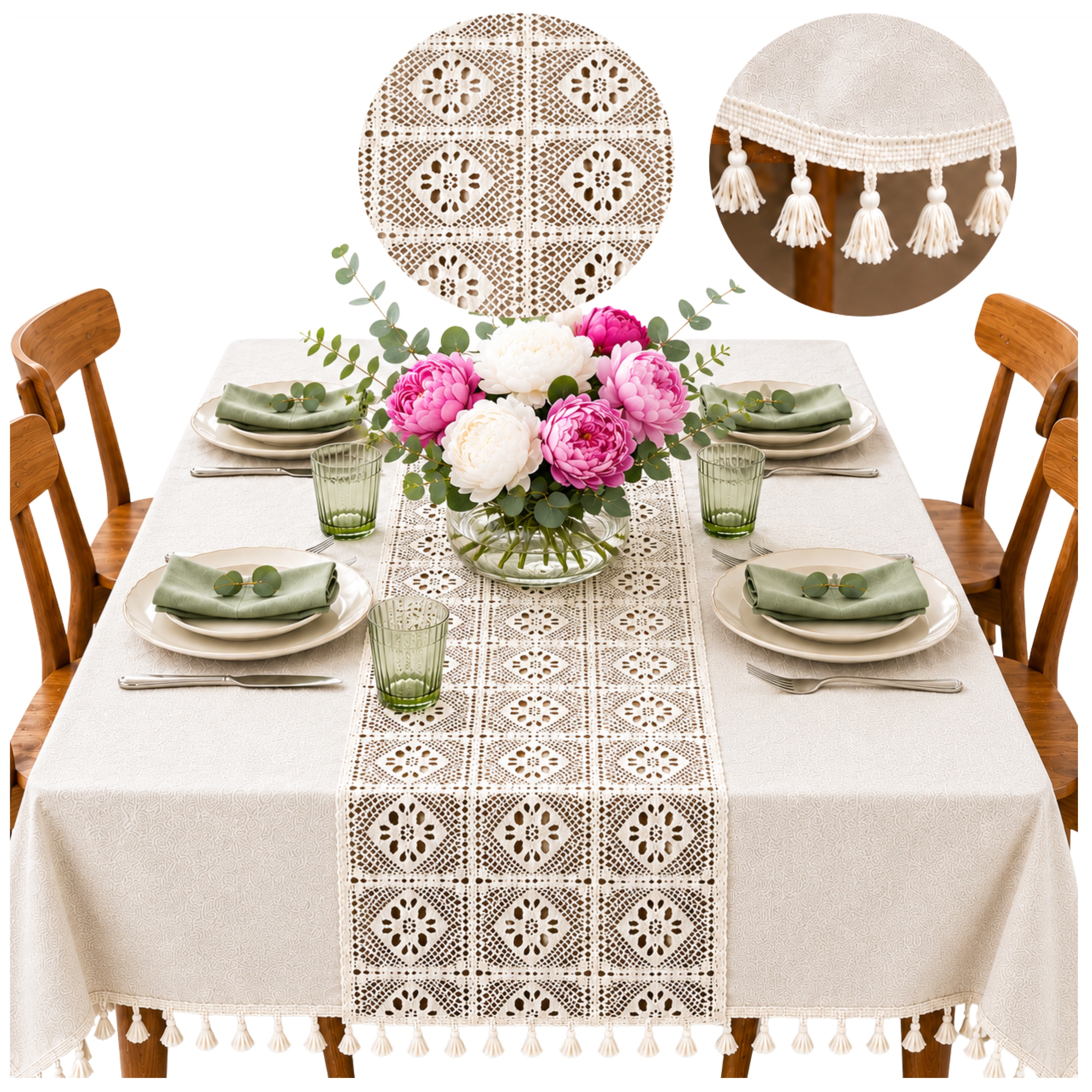 Obrus szydełkowy Boho beżowy 150x220 płócienny szydełko na Stół Chwostami