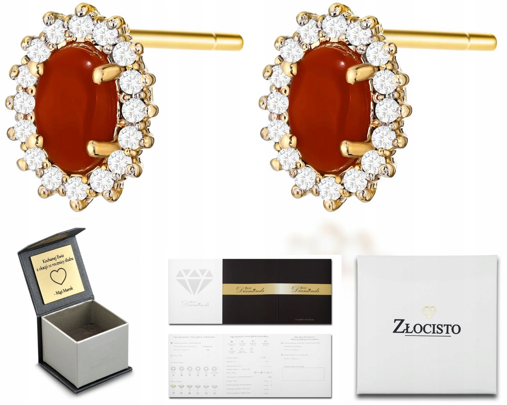 Zlaté Náušnice S Korálem A Brilianty Na Tyči, Šrouby, 585 Dárek