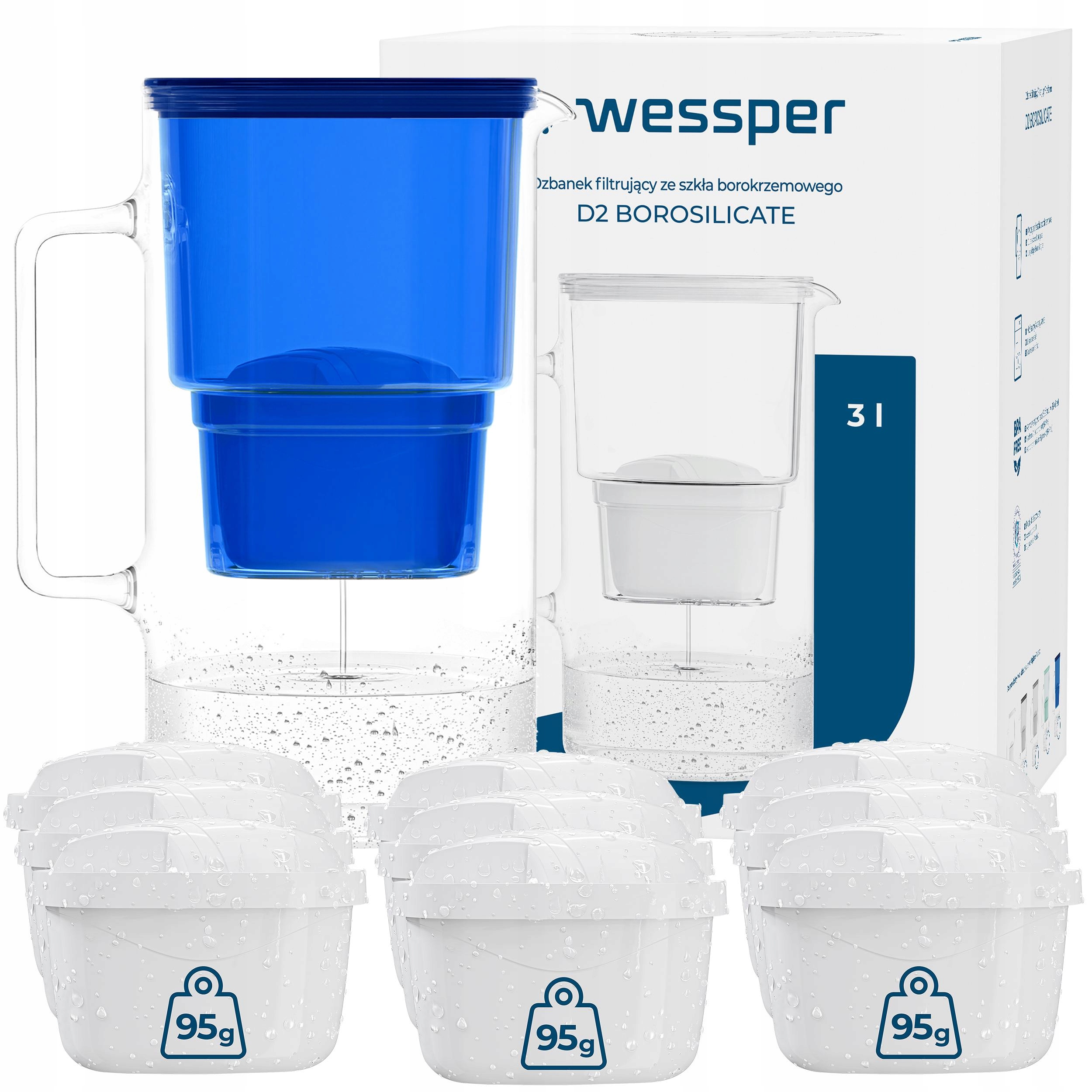 DZBANEK SZKLANY WESSPER D2 BOROSILICATE 3l + 10x FILTR WKŁAD WODY WESSPER