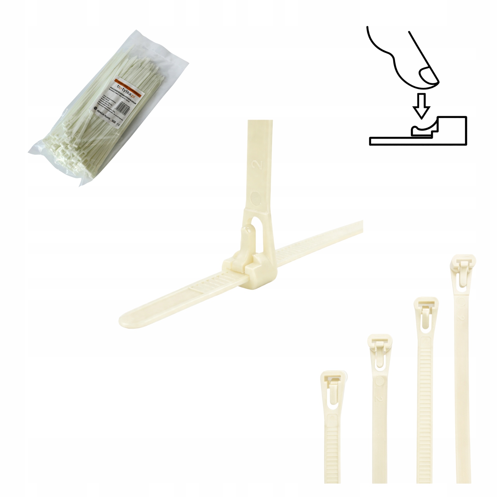 Opaski zaciskowe trytytki wielokrotnego użytku Uv 4,8 x 200 mm, beżowe