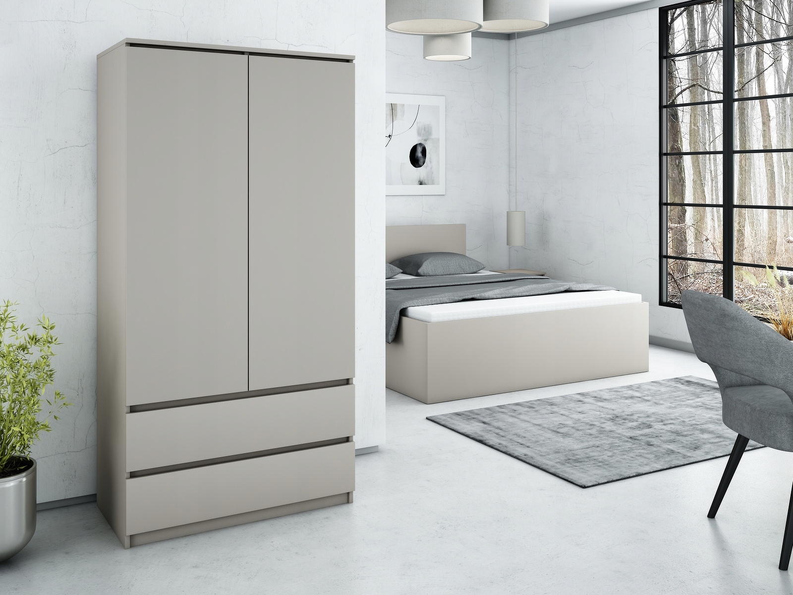 SZAFA DWUDRZWIOWA Z SZUFLADAMI 90 CM DO GARDEROBY, SYPIALNI BIAŁA Materiał płyta laminowana