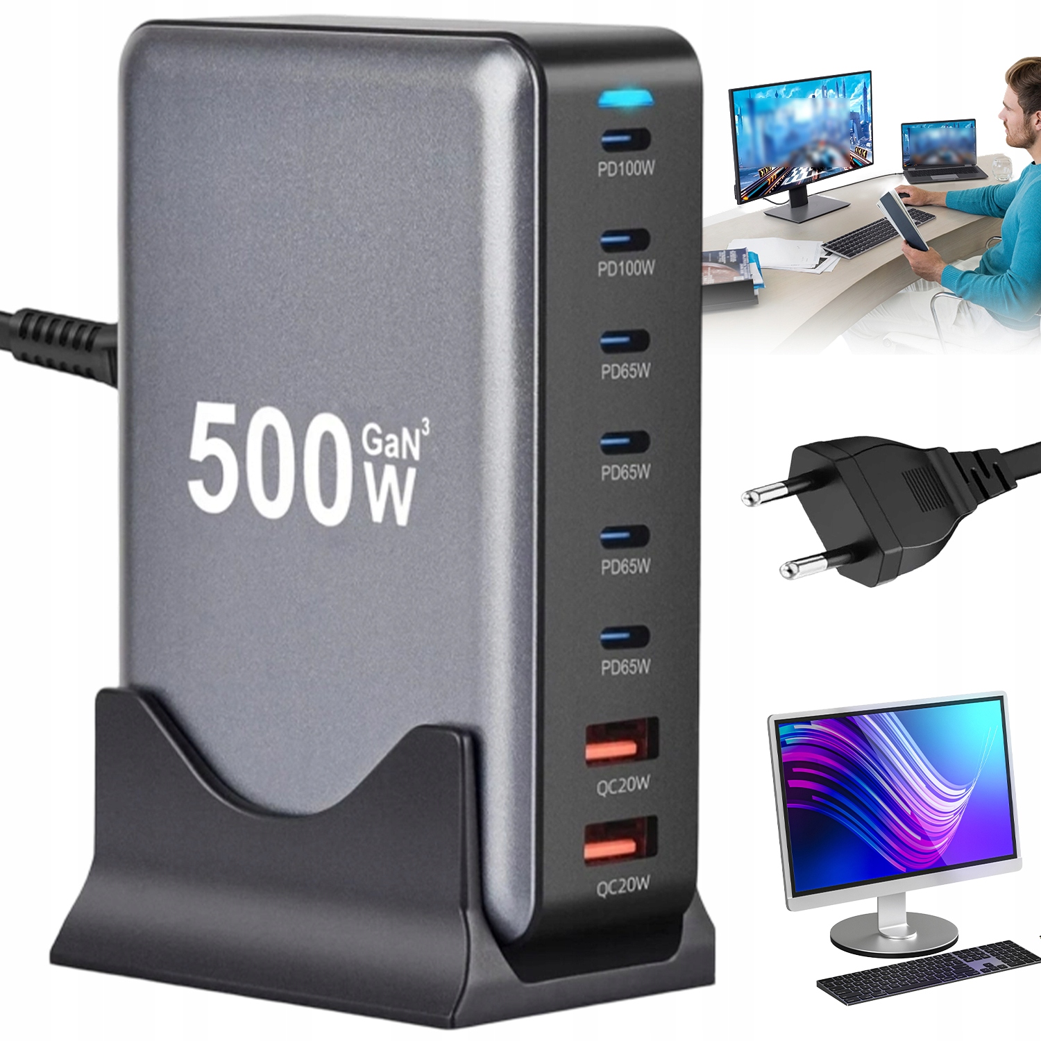 Víceportová Rychlonabíječka 500 W, Nabíjecí Stanice Černá S 8 Porty Pd+qc