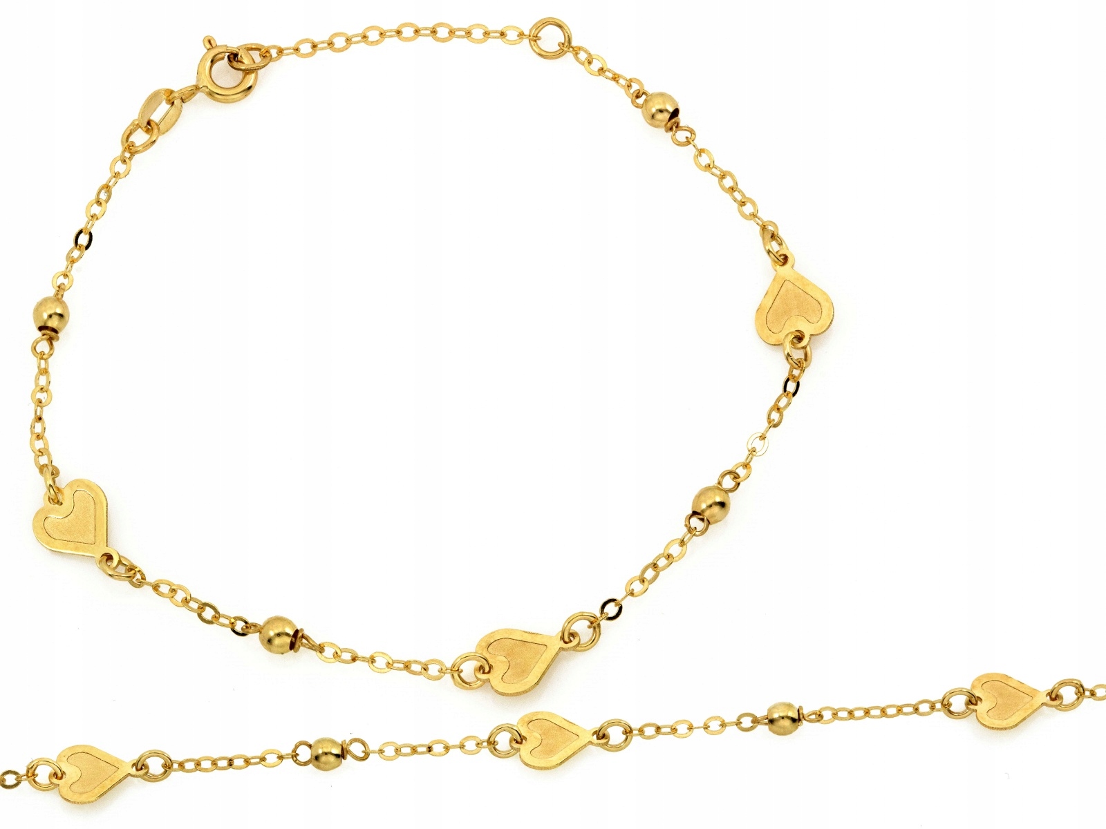 Zlatý řetízkový náramek 585 s saténovými přívěsky a srdíčky 18 cm