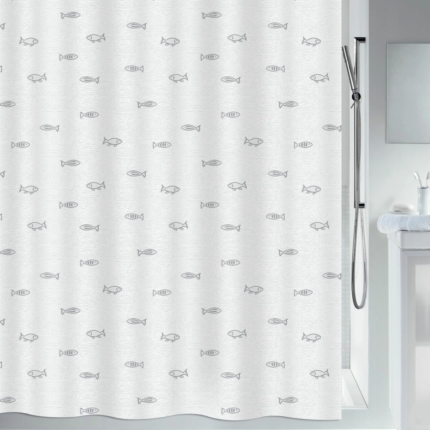 Spirella sprchový závěs Kos, motiv rybiček, šedý, 180 x 180 cm, polyester