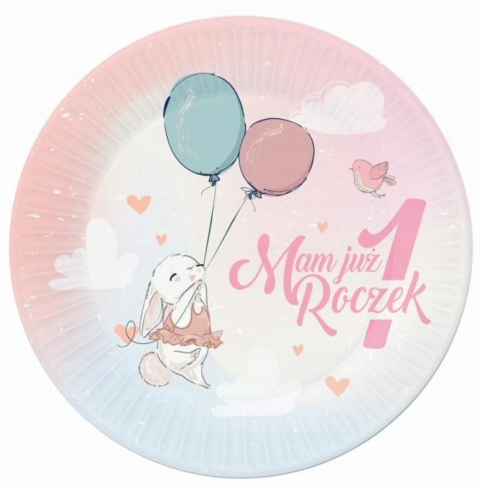 Talerzyki mam już roczek, papierowe, jednorazowe różowe 6 szt