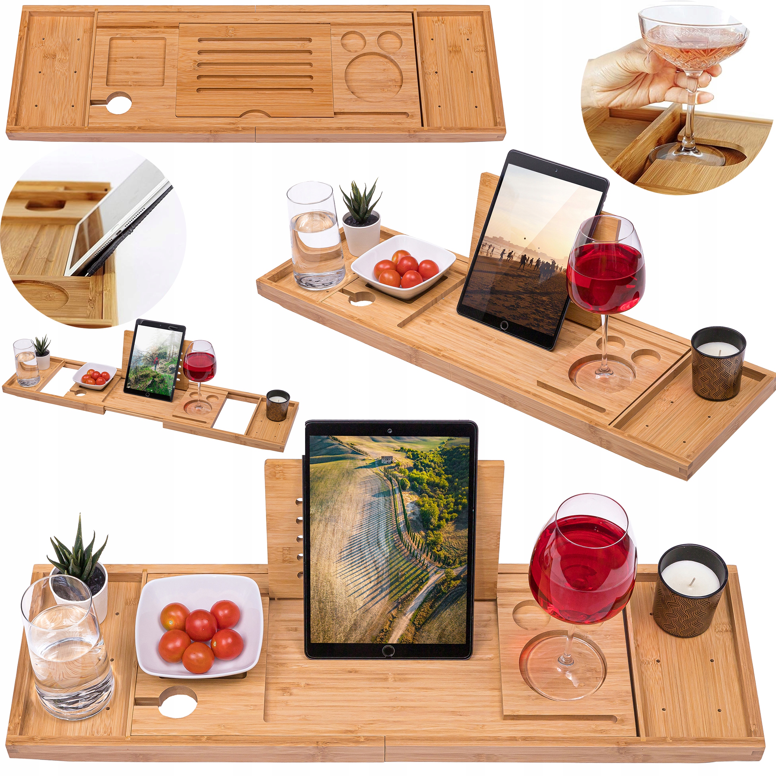 Koupelnová Polička Stolek Stojan Na Vanu Bambusová Rozkládací Lázeňská Podložka