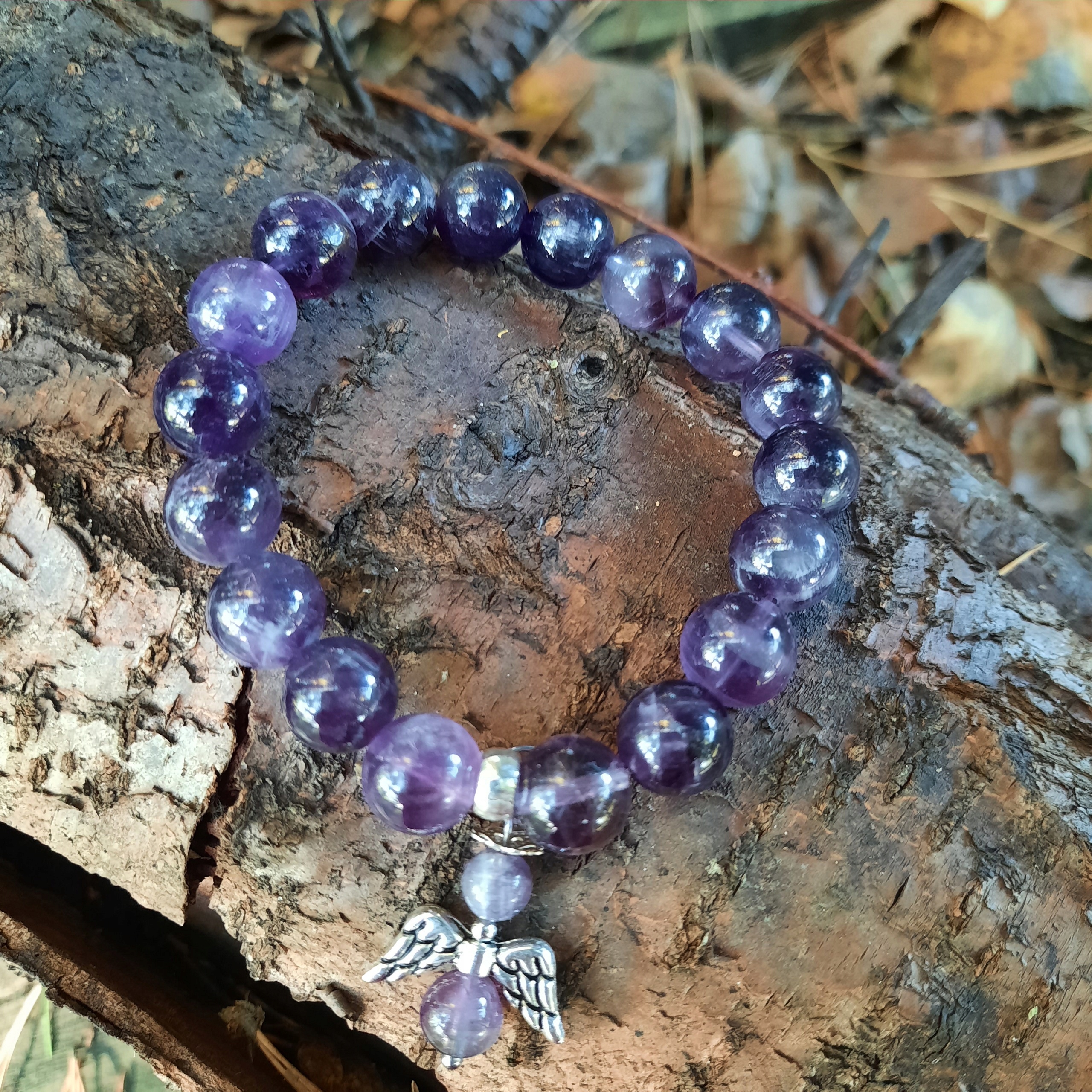 Ametyst bransoletka 10 mm ANIOŁEK zawieszka kamień Kolekcja Firuze