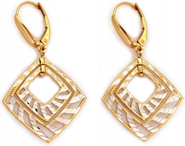 Zlaté náušnice závěsné dlouhé geometrické 585 ažurové kosočtverce 4,51 g 14k