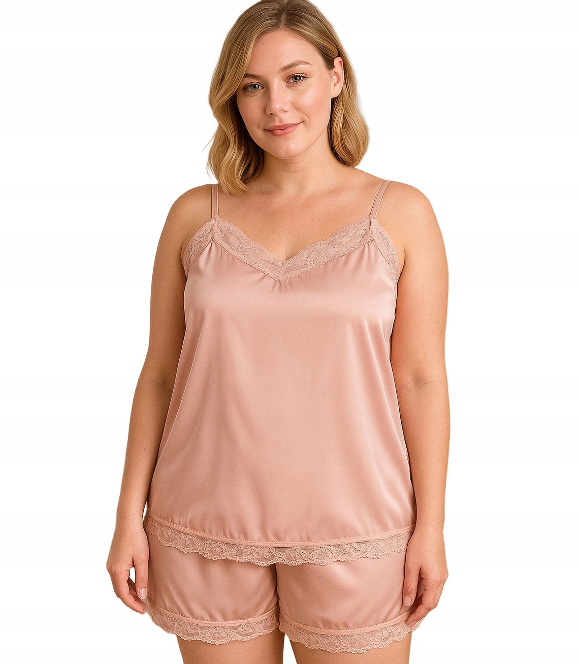 Saténový dámský pyžamový komplet s krajkou 2-dílný plus size unisize