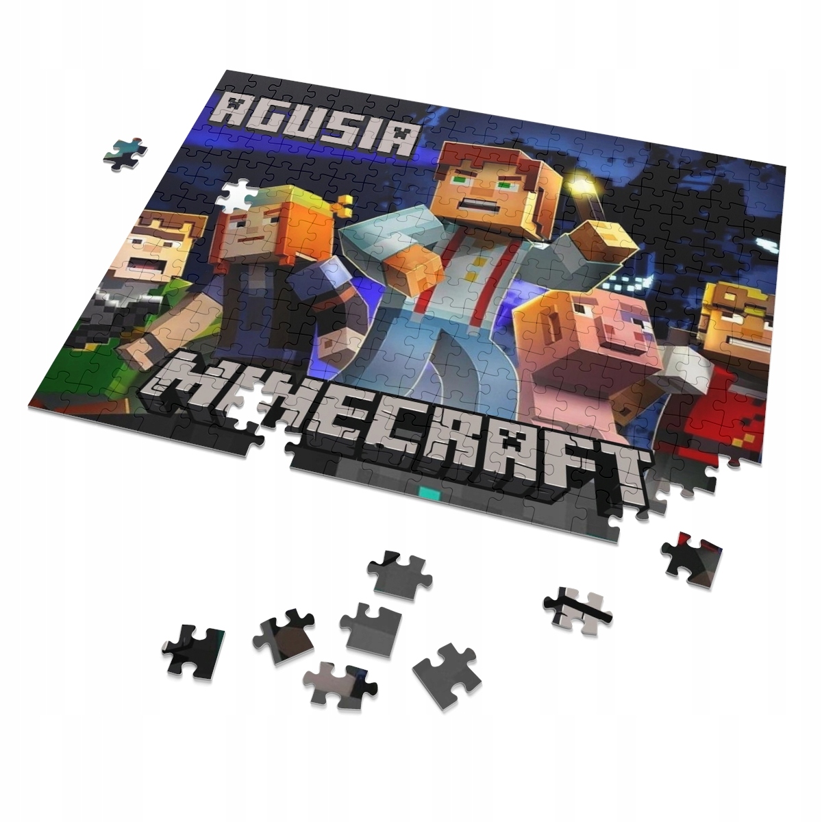 Puzzle + IMIĘ + pudełko MINECRAFT A4 70 el