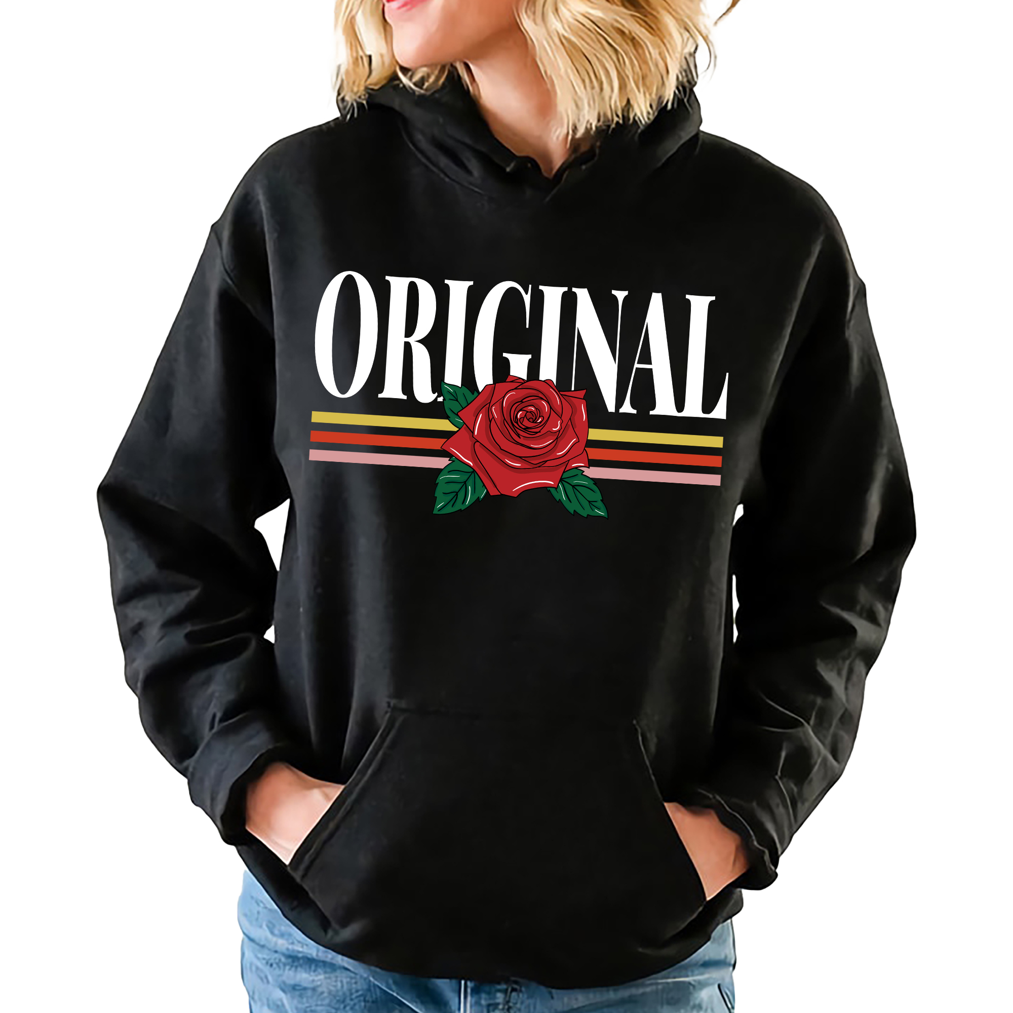 Mikina S Kapucí Černá Original Rose Dárek Moda Streetwear Vel XL