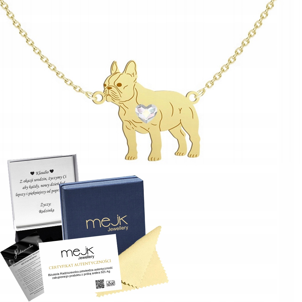 Zlatý náhrdelník se psem Francouzský buldoček 925 Dárek Žena Gravírování Bonus