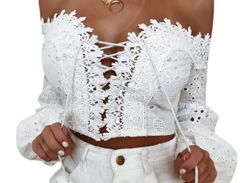 MD bílá topová halenka s krajkou a boho vázáním XL