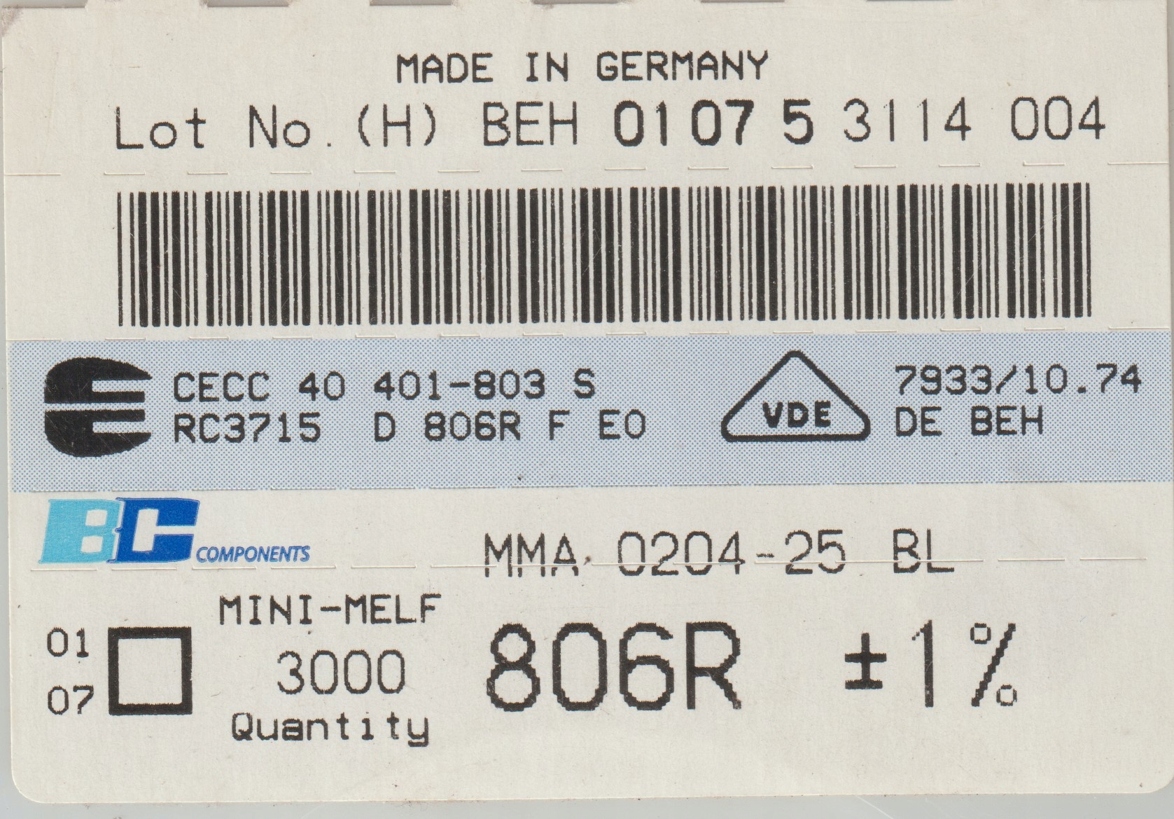 [100szt] 806R 1% 25ppm rezystor Smd minimelf MMA0204 Beyschlag low noise