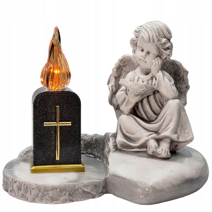 Hřbitovní Svíčka Sádrová Figurka Šedý Anděl Kniha Led lampička Kříž Sádra