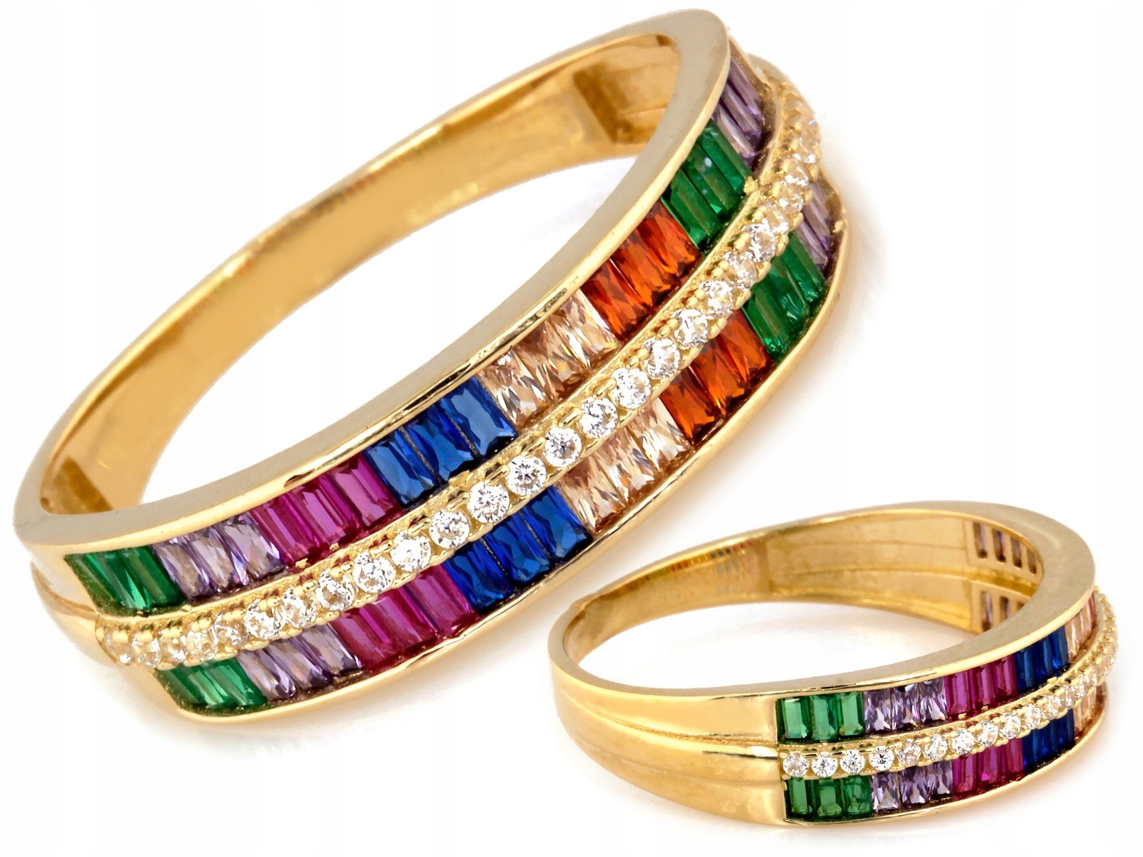 Široký zlatý 585 prstýnek s dvojitou lištou a barevnými zirkony 2.90 g