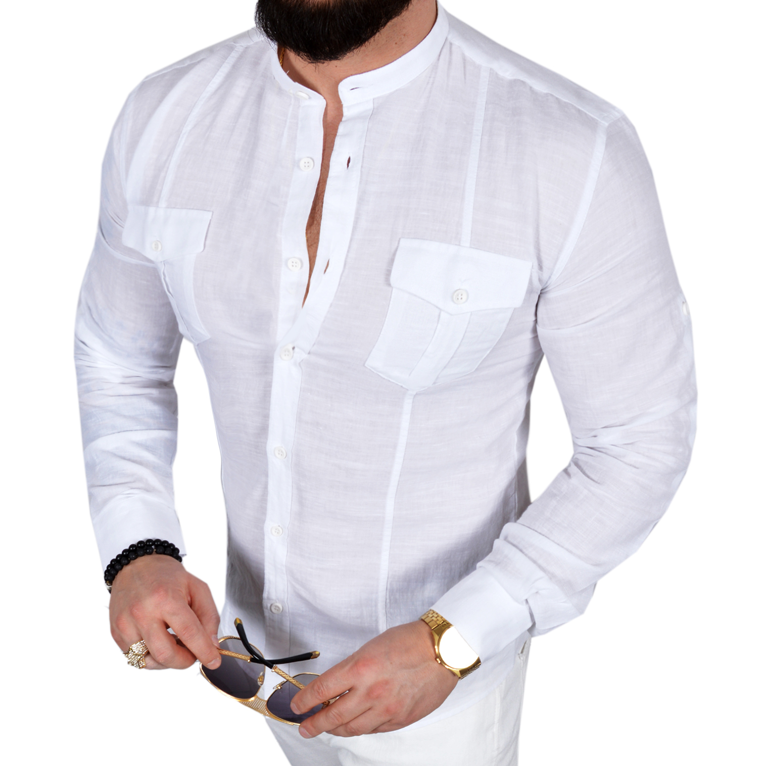 Koszula Męska Stójka Casual Codzienna Lniana Len