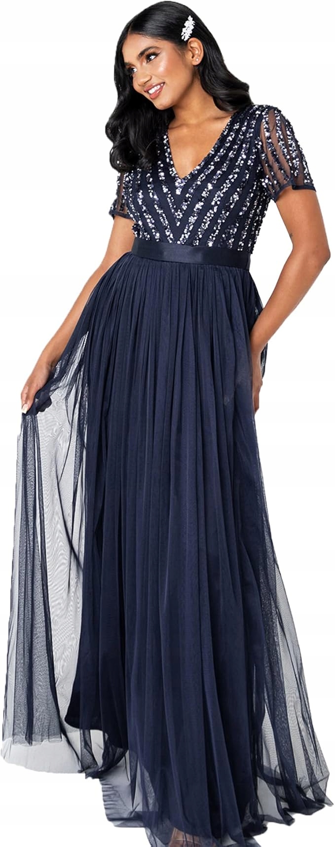 Maya Deluxe Tmavě Modrá Šaty S Flitry A Tylem 34 6BA