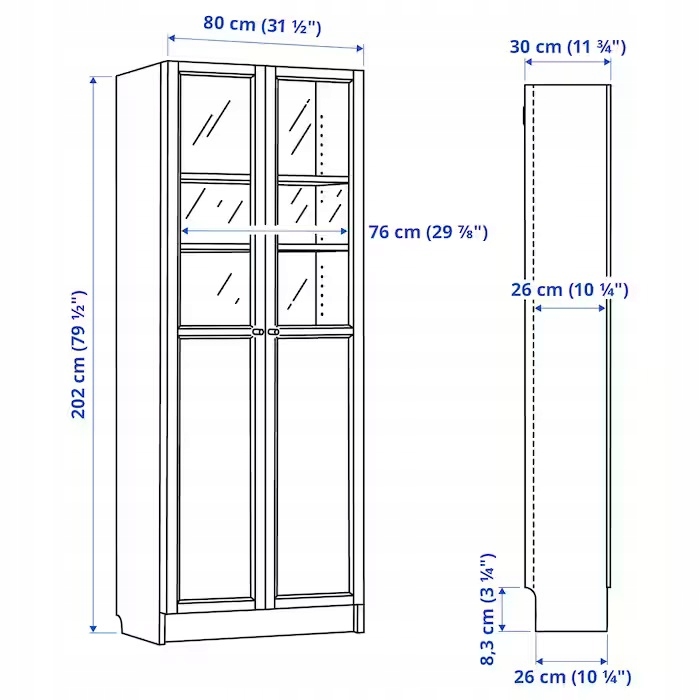 IKEA BILLY OXBERG regał drzwi panelowe 80x202 BIAŁ Wysokość mebla 202 cm