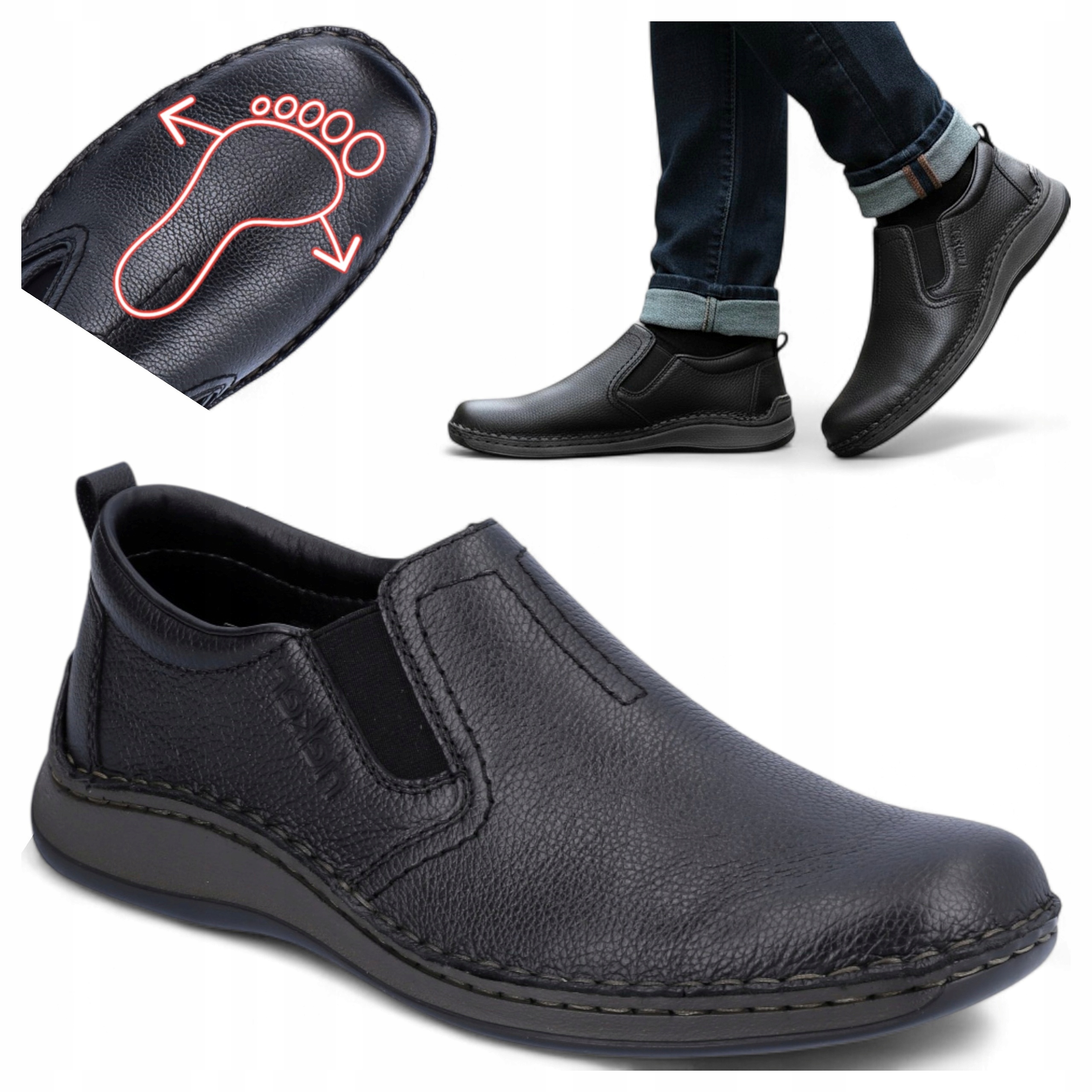 Pánské kožené polobotky 46 Rieker Elegantní Mokasíny Pohodlné Černé Lehké