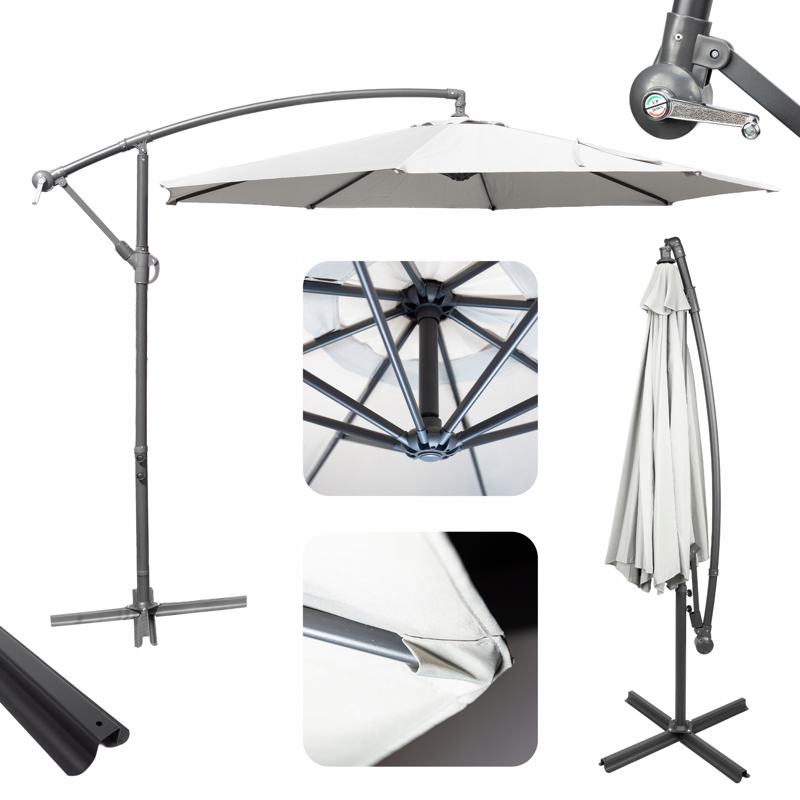 Parasol Ogrodowy Duży Składany Szary Tarasowy 300 CM Wysięgnik 8 Ramion