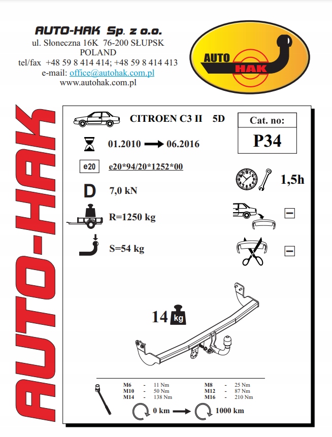 HAK HOLOWNICZY CITROEN C3 II 5-drzwi od 2010-2016 Producent Auto-hak