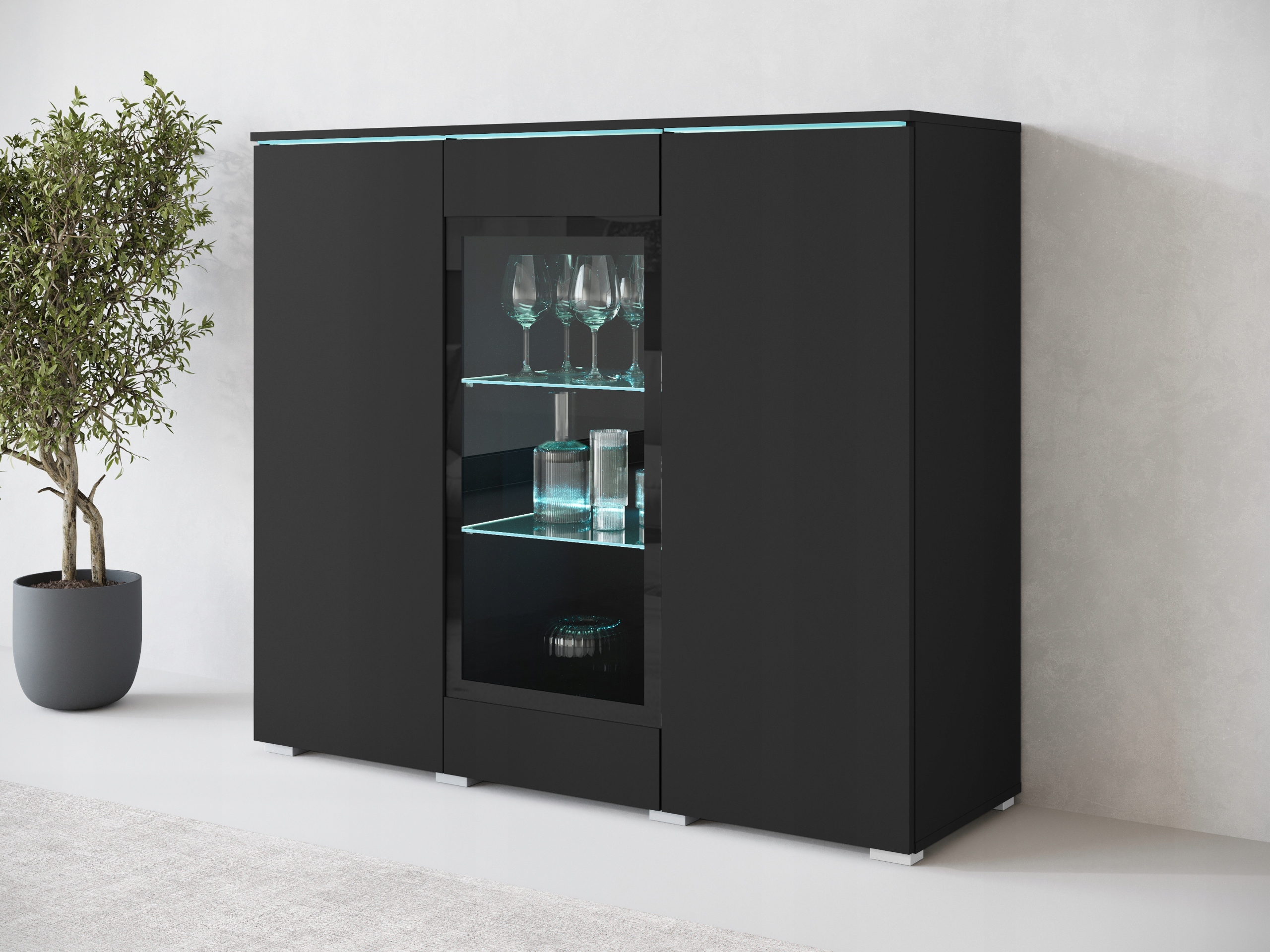 Nowoczesna szeroka witryna, highboard, komoda VERA 120 cm, szklane półki