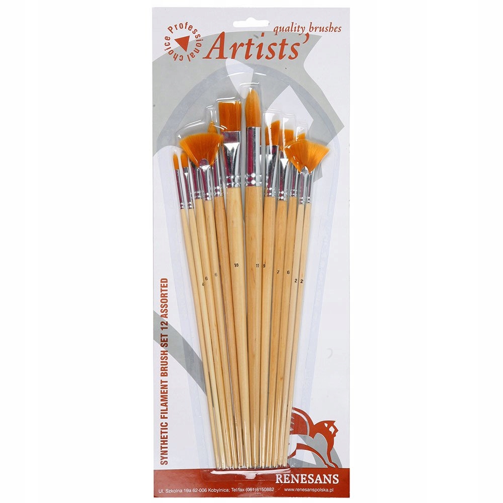 Zestaw 12 pędzli Renesans pędzle nylonowe mix kształtów do farb wodnych