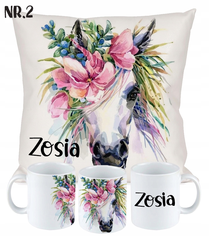 ZESTAW PODUSZKA KUBEK KOŃ KONIE prezent + IMIĘ Marka Art Crop