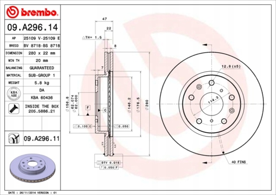 BREMBO TARCZE HAMULCOWE PRZÓD 09.A296.11 Liczba tarcz w ofercie 1