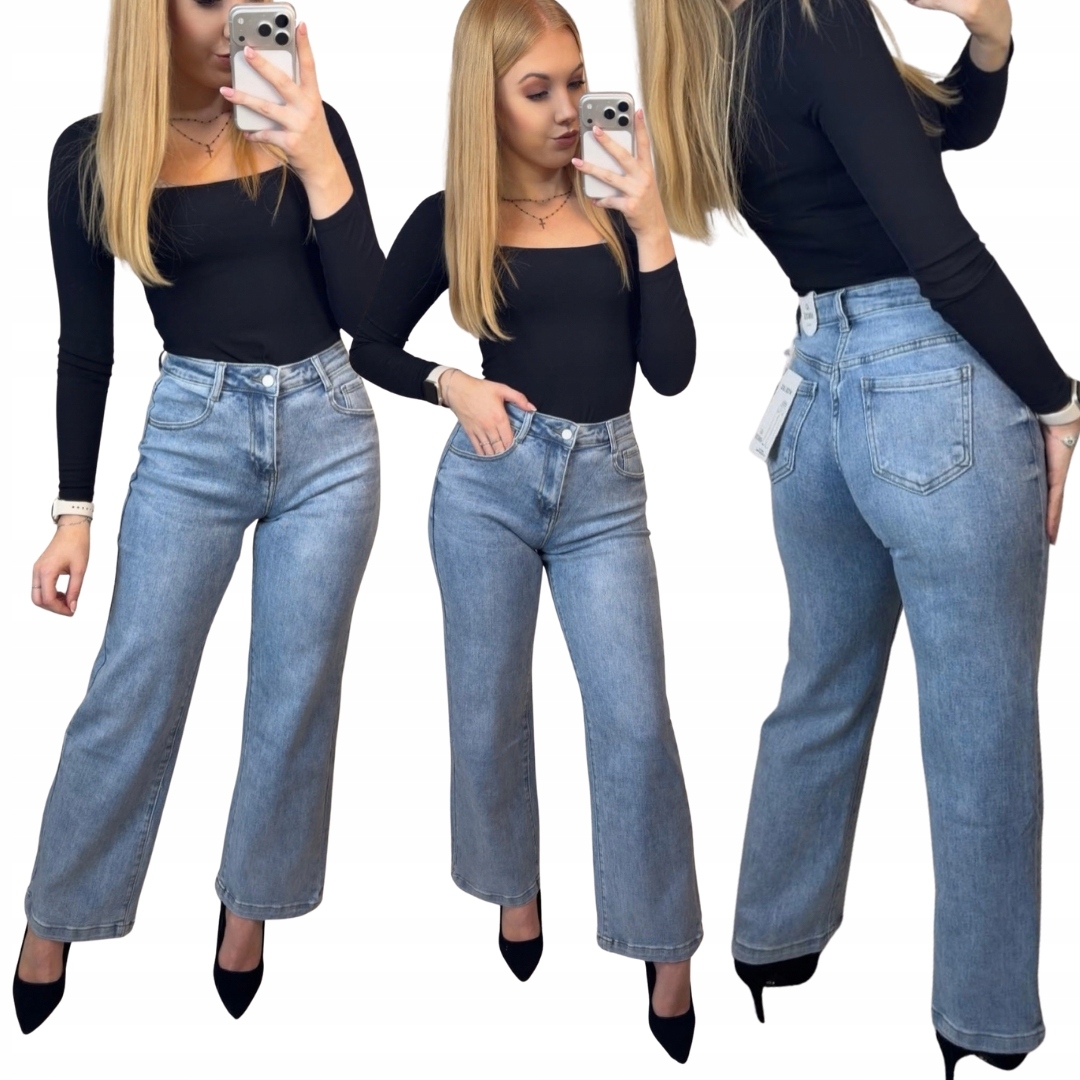 Jeansy Damskie Wide Leg Jasne Wysoki Stan Elastyczne Szeroka Nogawka Xs