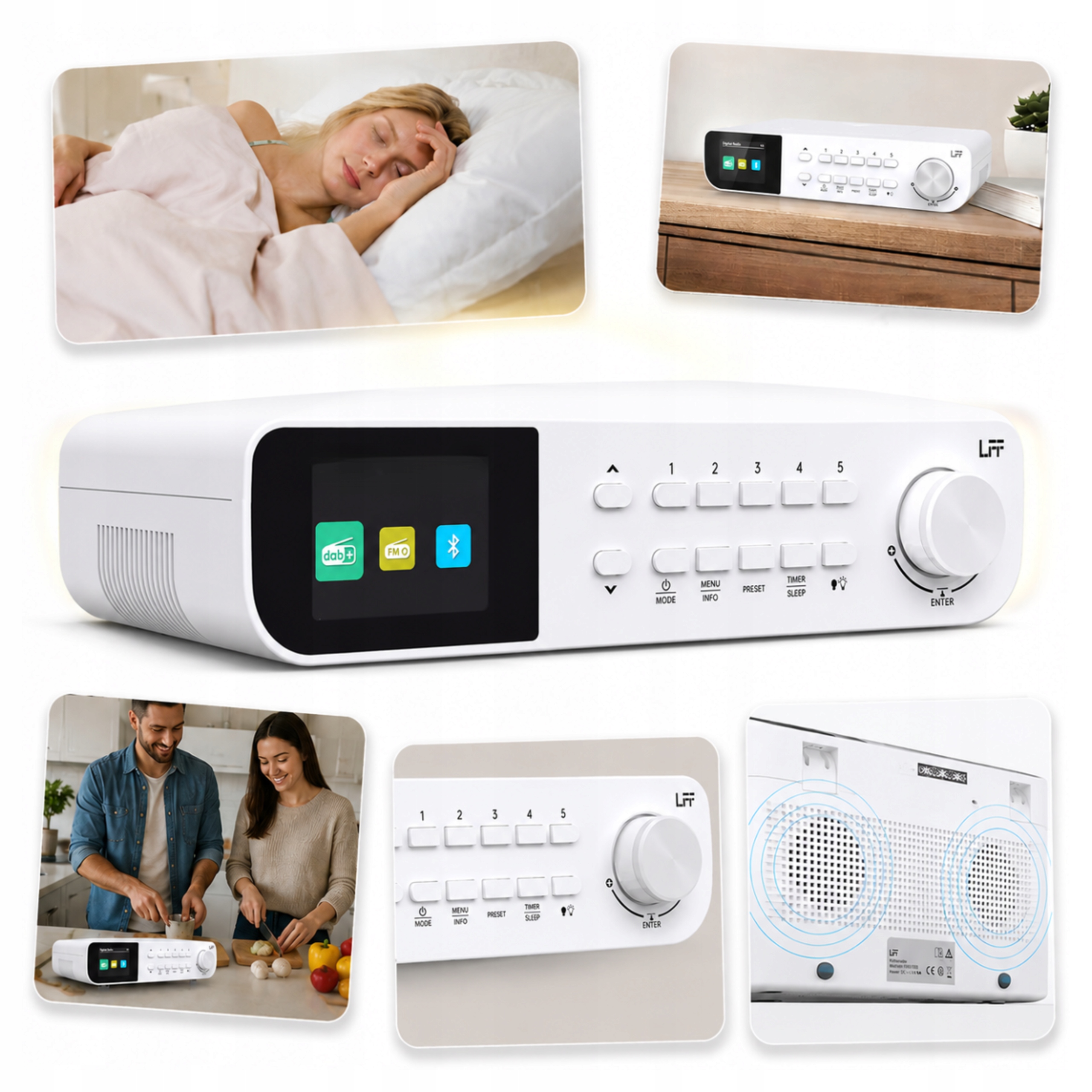 Kuchyňské rádio s knoflíkem Dab Fm Bluetooth LCD displej Hodiny Lampička Bílá