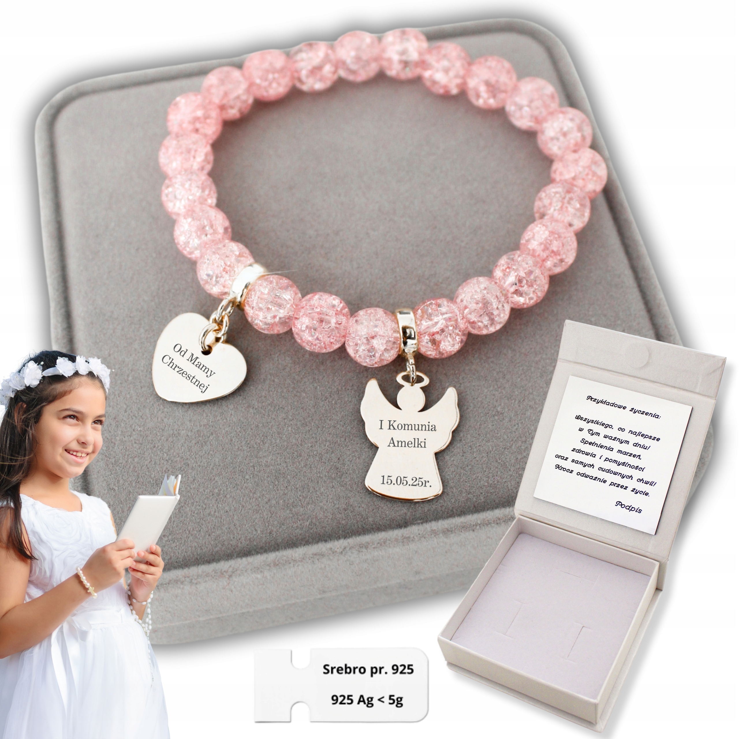 Stříbrný náramek s andělem pro dívku Srdce k přijímání Gravírování 925