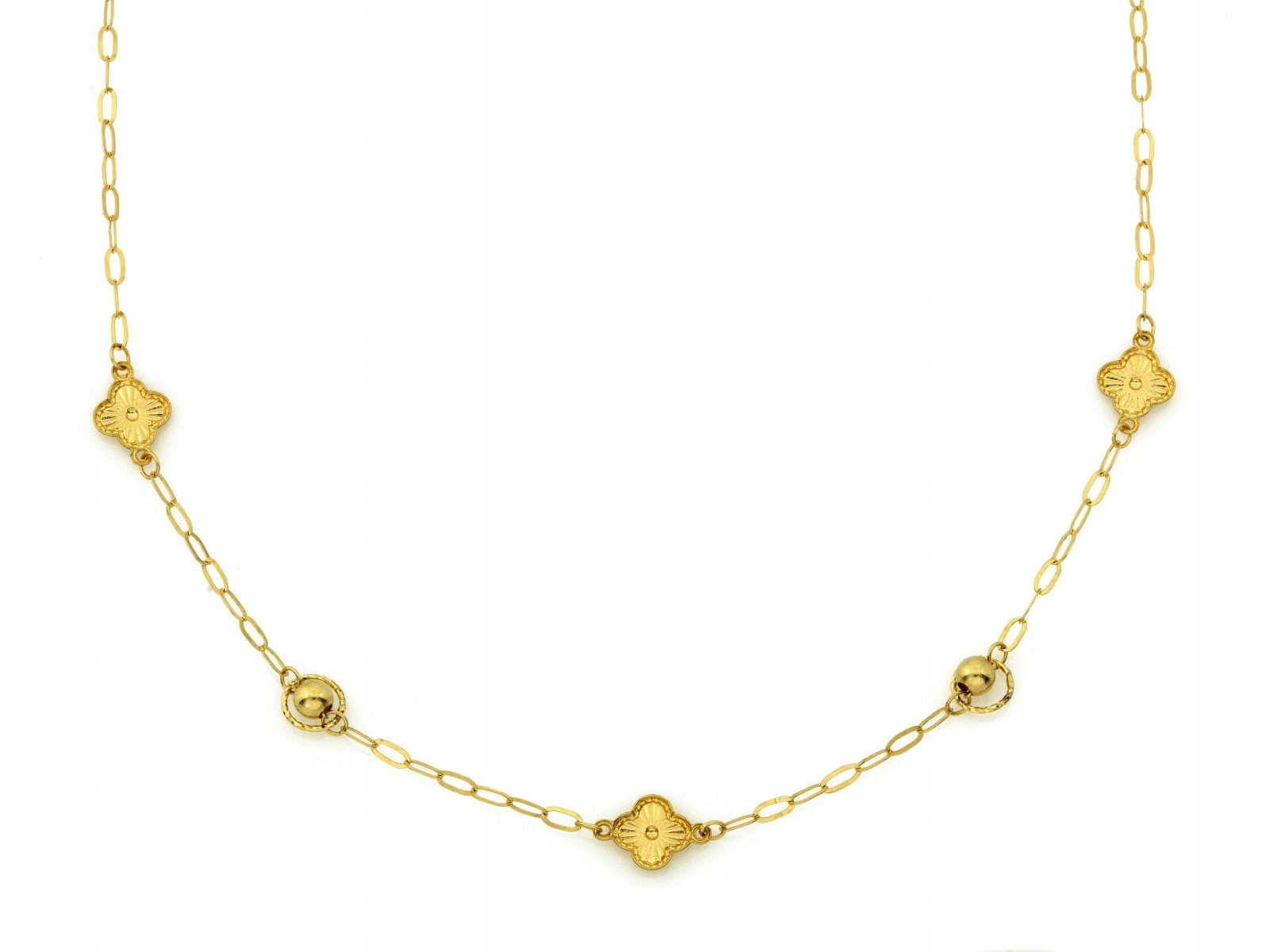 Zlatý náhrdelník 585 s kuličkami 44 cm a květinkami, 1.22 g, květy na řetízku
