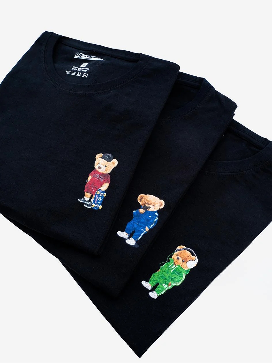 Tričko Sada 3 Kusů Pánské Trička MyStars Bear Medvěd Módní Černé XL