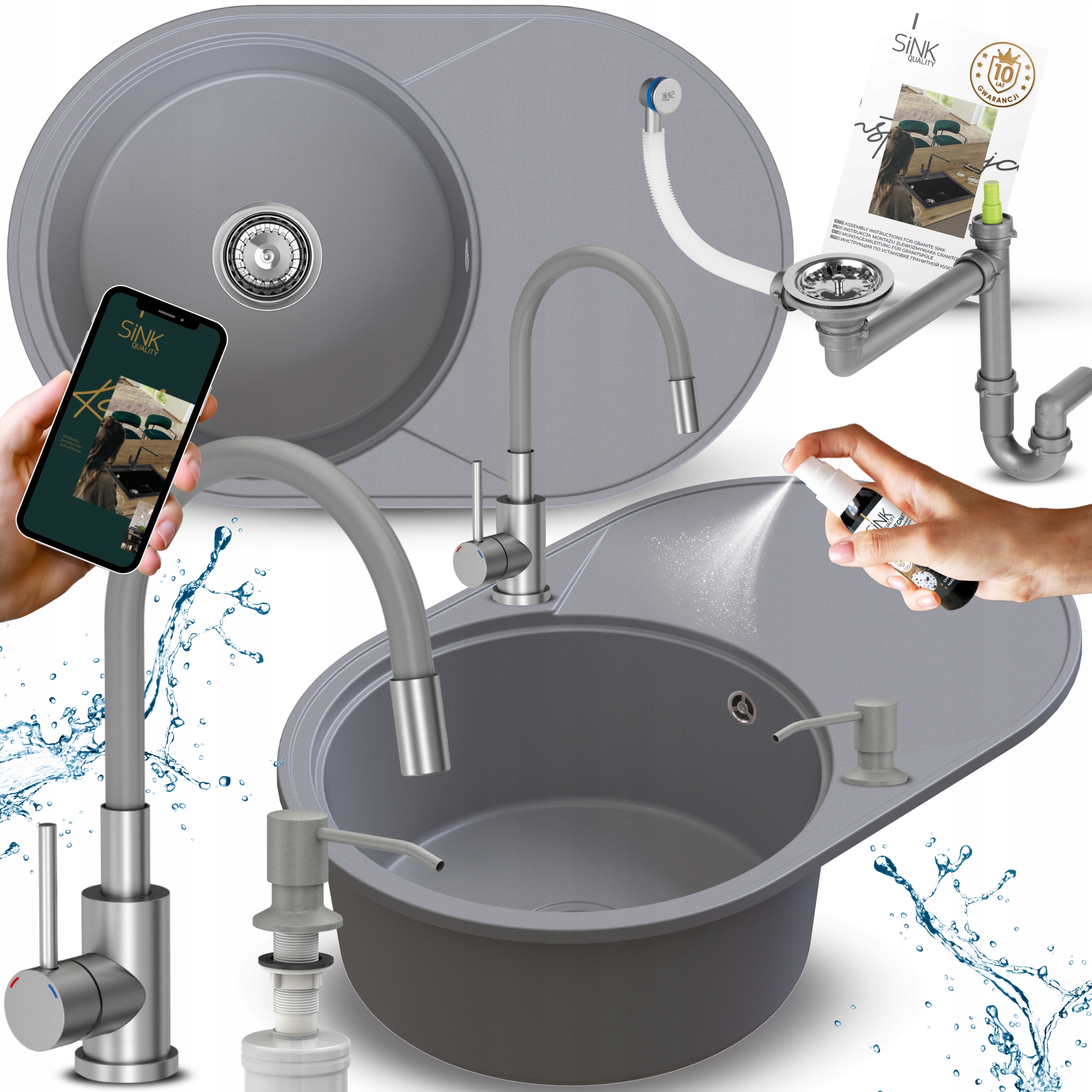 Granitový dřez Jednokomorový s odkapávačem Šedý oválný S Baterií