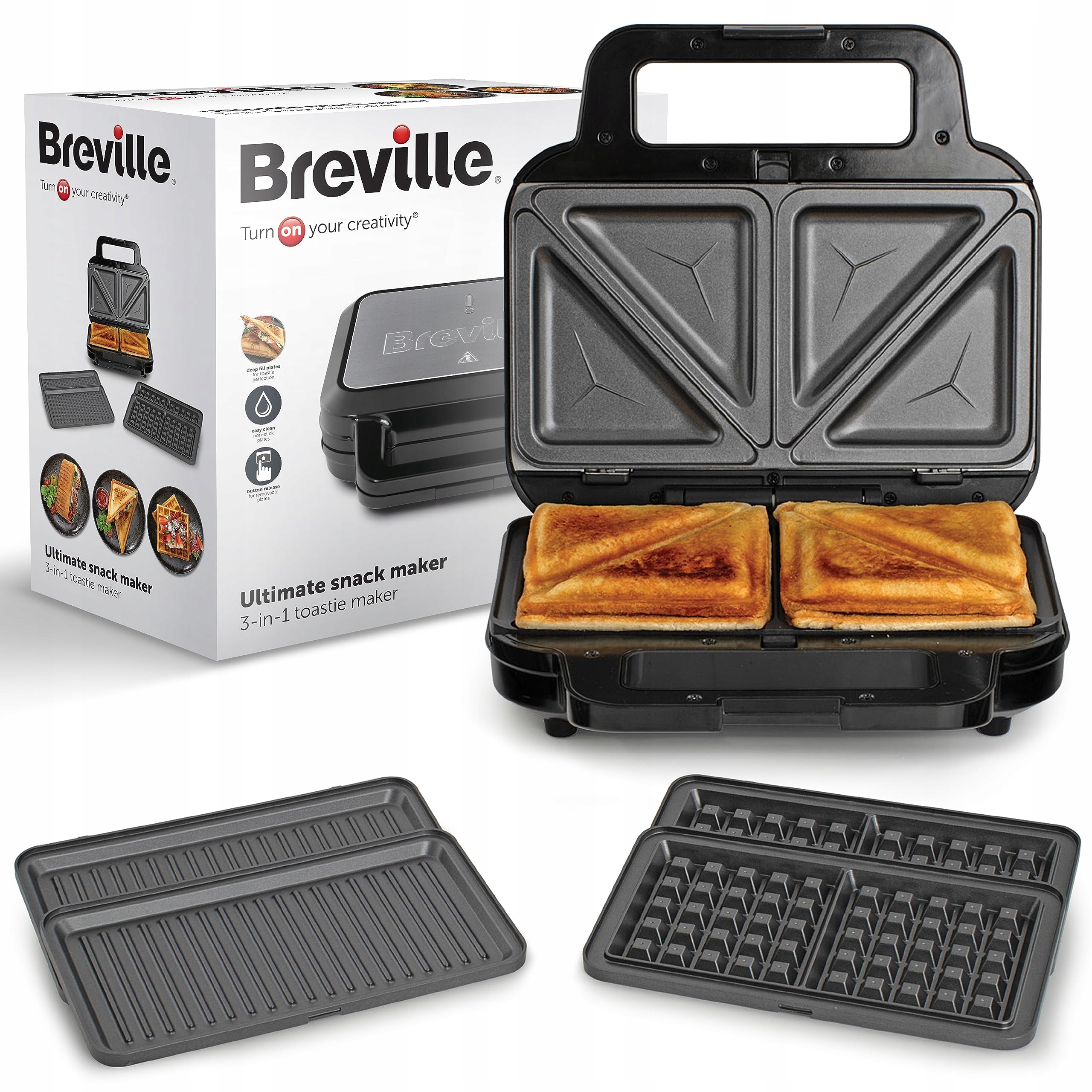 BREVILLE 3w1 Opiekacz Gofrownica Panini Czarny Stal Nierdzewna