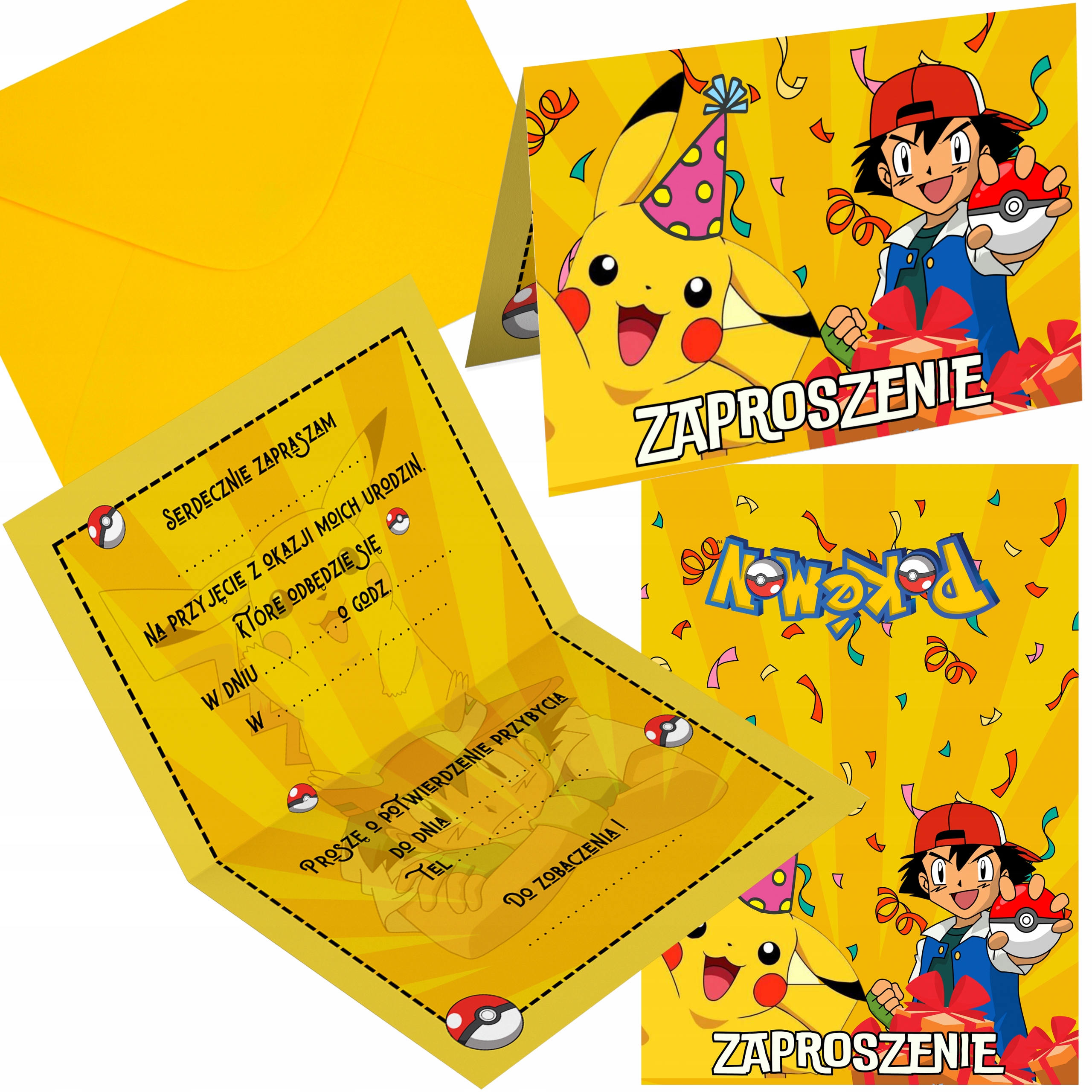 ZAPROSZENIE NA URODZINY POKEMON PIKACHU ZAPROSZANIA URODZINOWE + KOPERTA