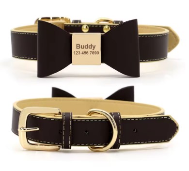 Levně Obojek pro psa kočku Mašle Gravírování Jméno Telefonní číslo S Hnědá