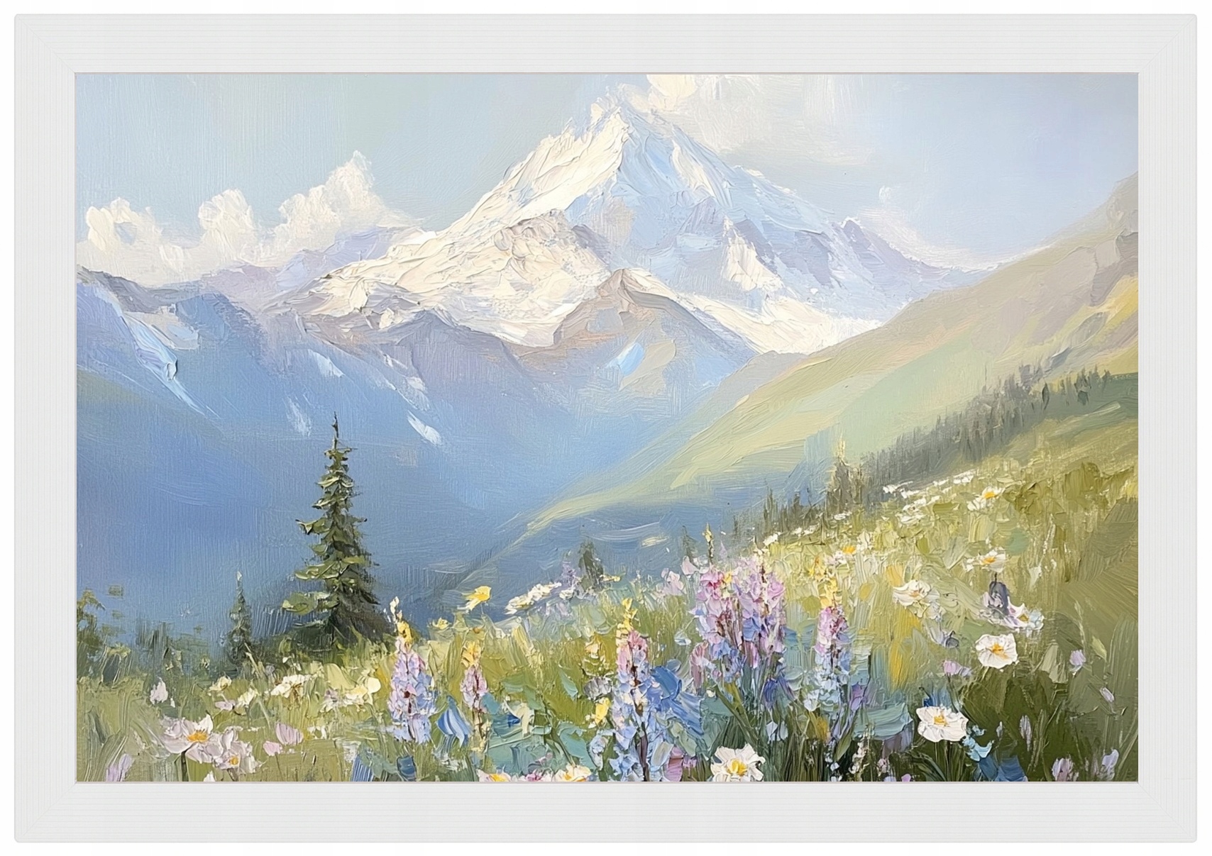 Plakát Rámeček Dřevo Krajina Hory Vrcholky Alpy Louka Květiny Jaro 93x62
