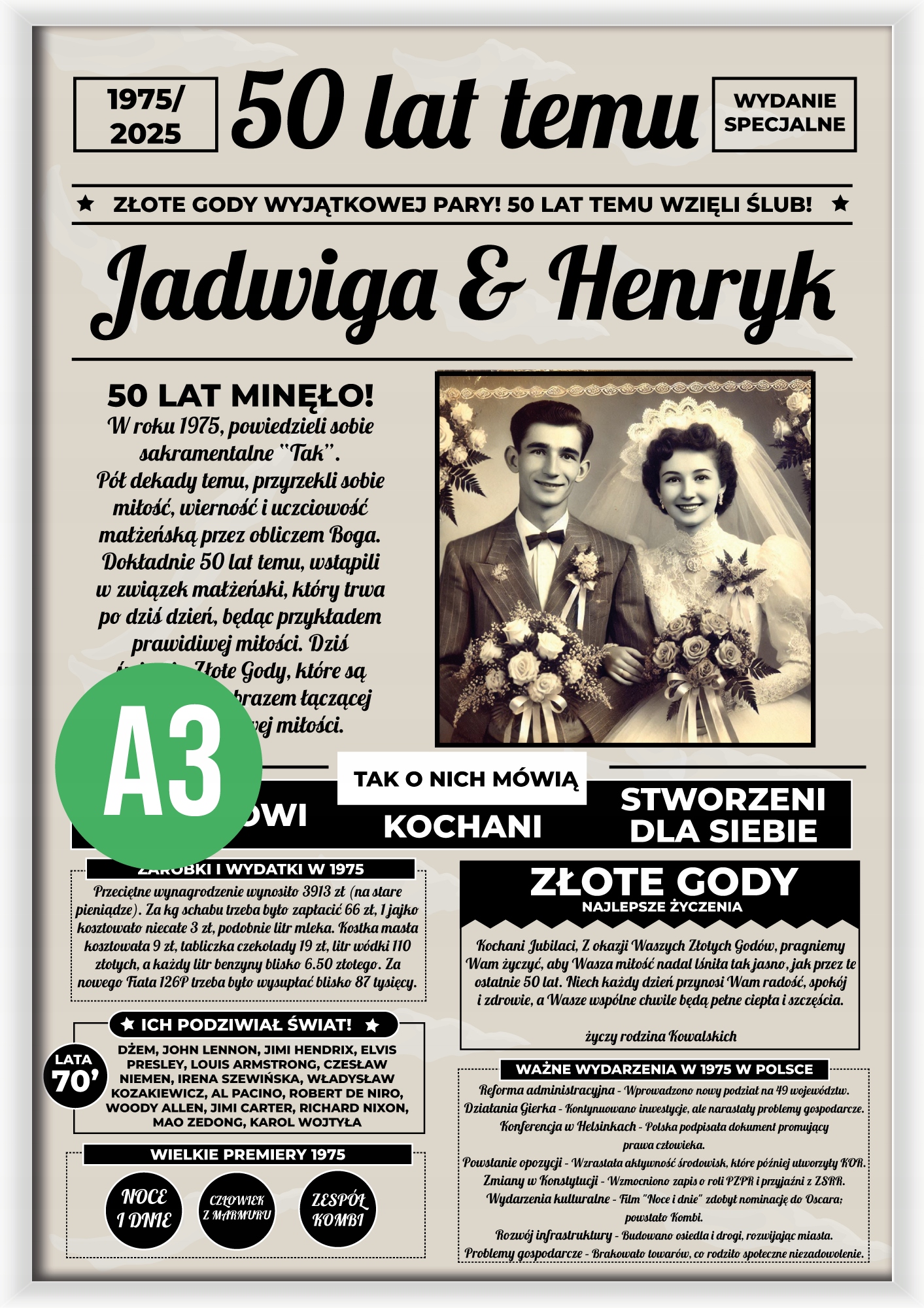 Plakat A3 Ramka Złote Gody Personalizowany Pamiątka Zdjęcia Imiona
