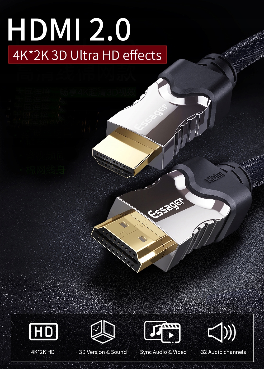 KABEL HDMI 2.0 4K 60HZ UHD 3D 24K miedź FULL HD 3m Złącza HDMI - HDMI