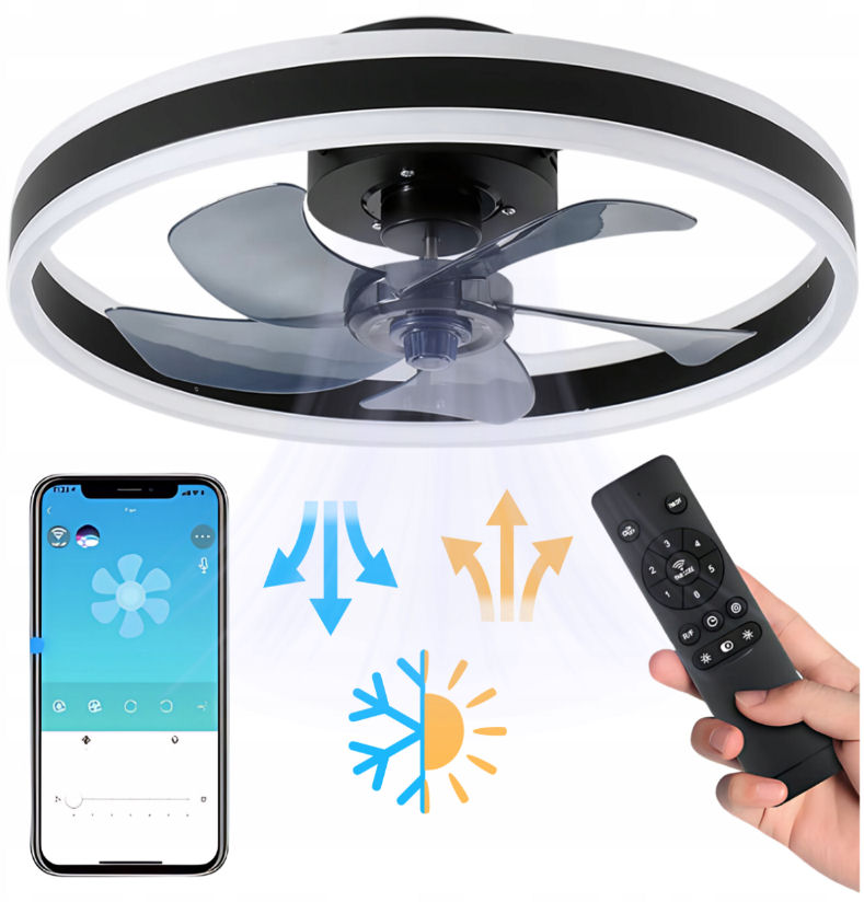 Lustr Stropní Ventilátor Lampa Ring 50CM Stropní Svítidlo Větrák Černý