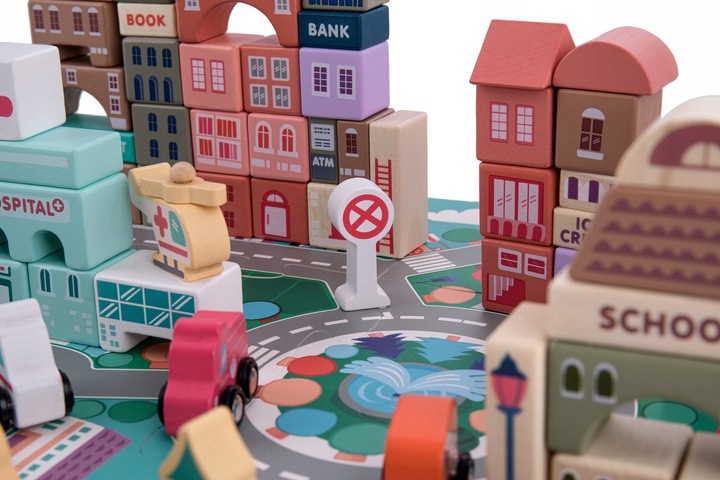 DREWNIANE KLOCKI + MATA PUZZLE MIASTO AUTA POLICJA BANK STRAŻ HELIKOPTER ++ Bohater brak