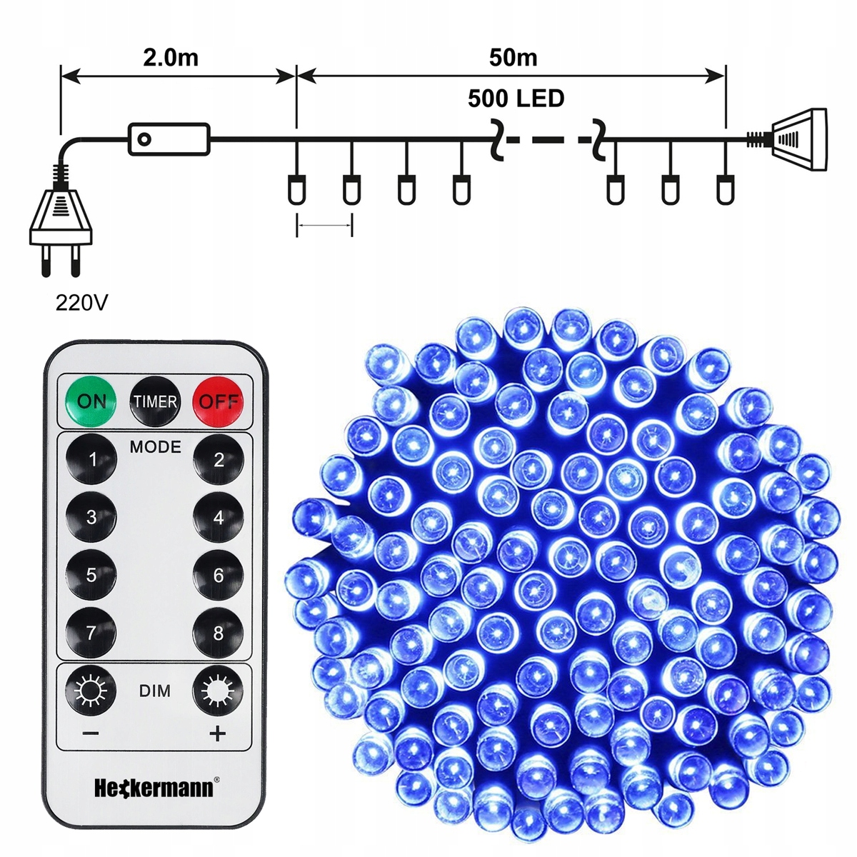 LAMPKI CHOINKOWE ŚWIĄTECZNE ZEWNĘTRZNE WEWNĘTRZNE IP44 BIAŁY ZIMNY 500 LED Kolor lampek biały