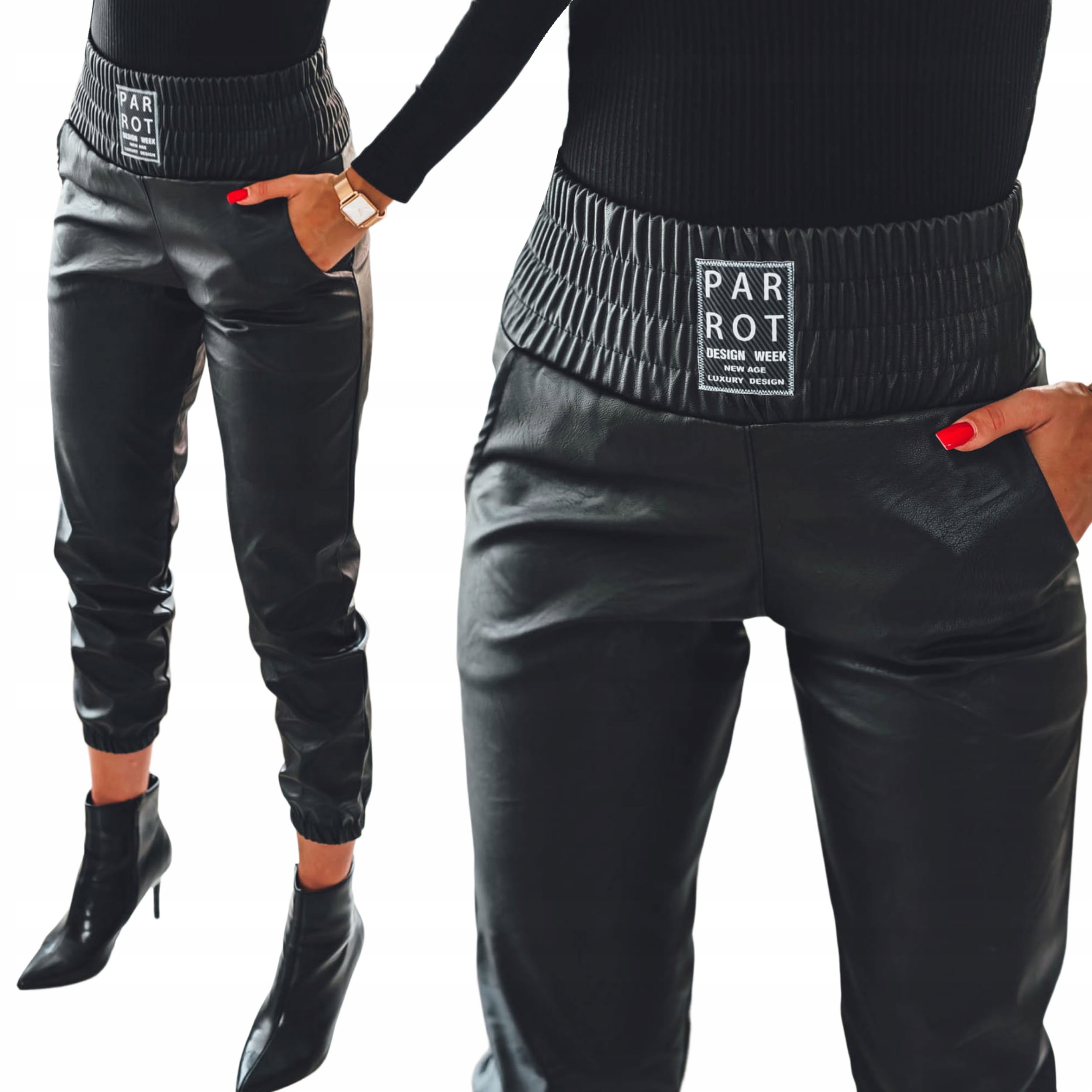 

Czarne skórzane spodnie damskie joggery stan M