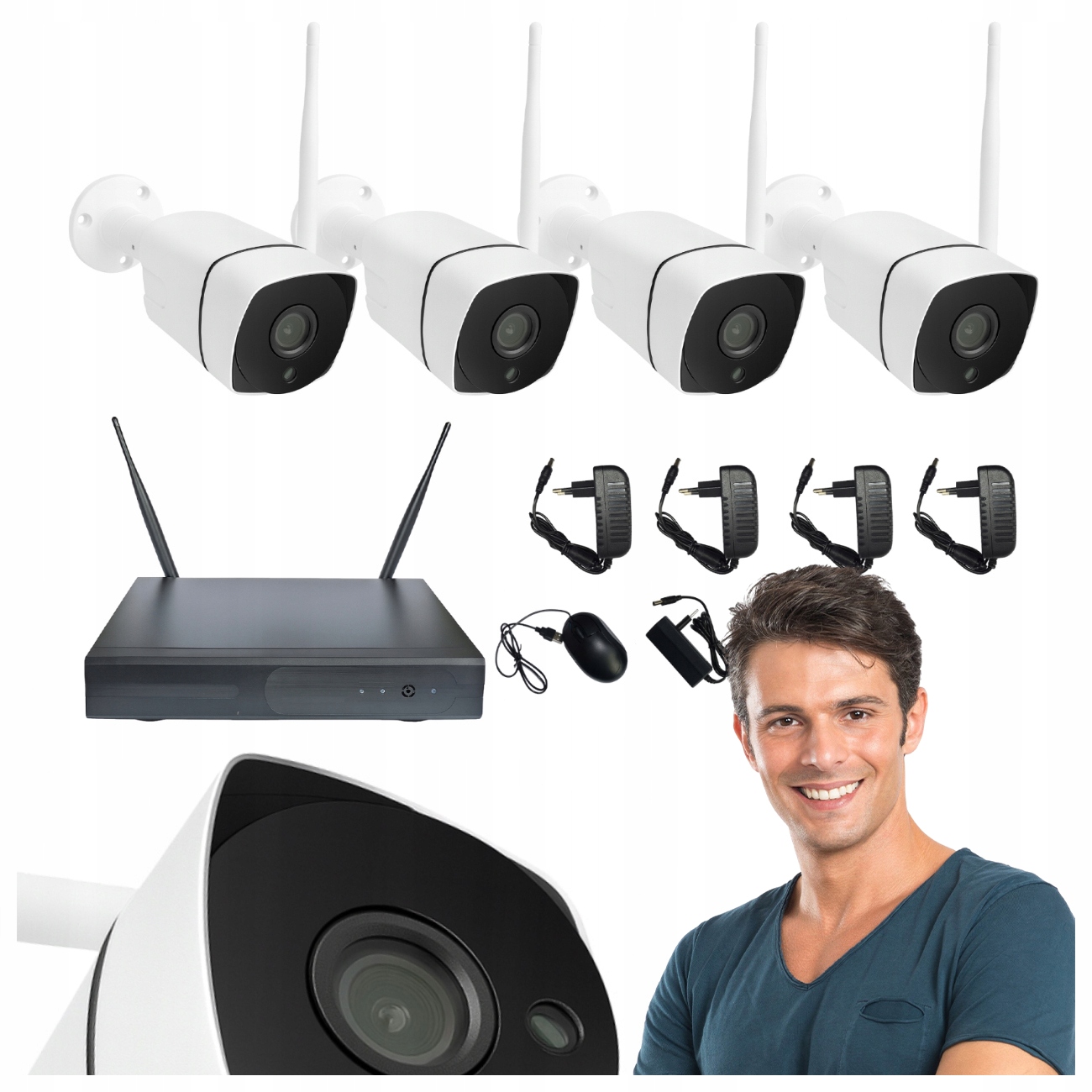 Bezprzewodowy zestaw 4 kamer IP WiFi monitoring HD do domu firmy posesji