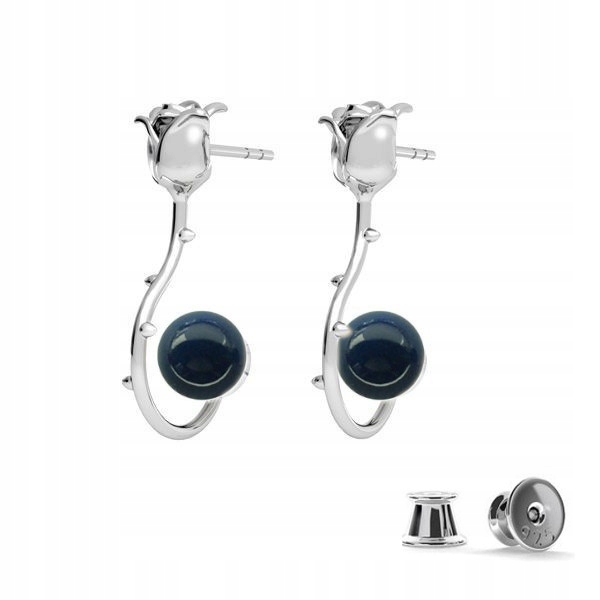 Strieborné náušnice 925 ruže ružičky s perlami Swarovski 8mm Dark Lapis